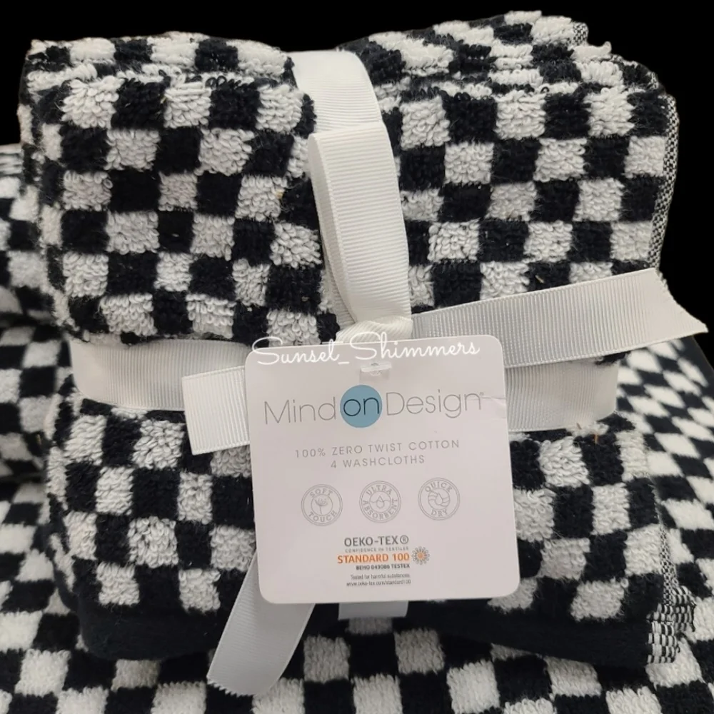 8pc Mind on Design Black White Check Zero Twist Bath Hand Washcloth Towel Set